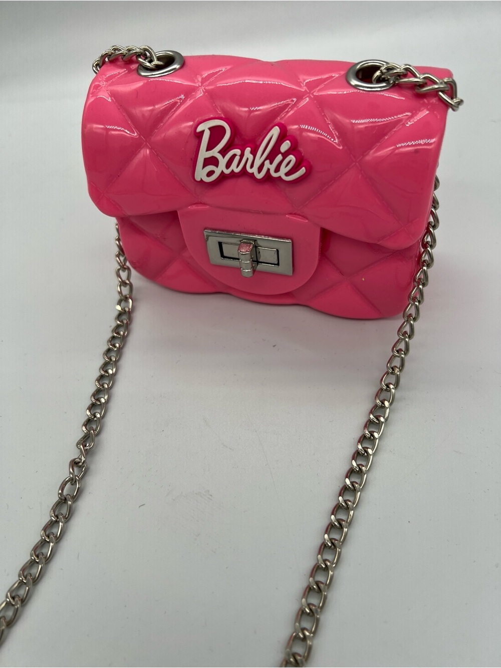 Barbie Glossy Quilted Hot Pink Mini Shoulder Bag with Silver Chain - Picture 4 of 6